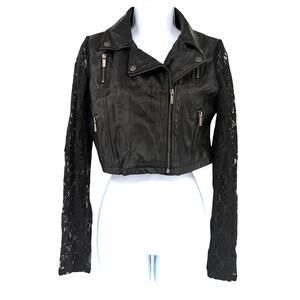 Y2K Faux Leather Cropped Moto Jacket Lace Sleeves Gothic Grunge Sz M  Festival